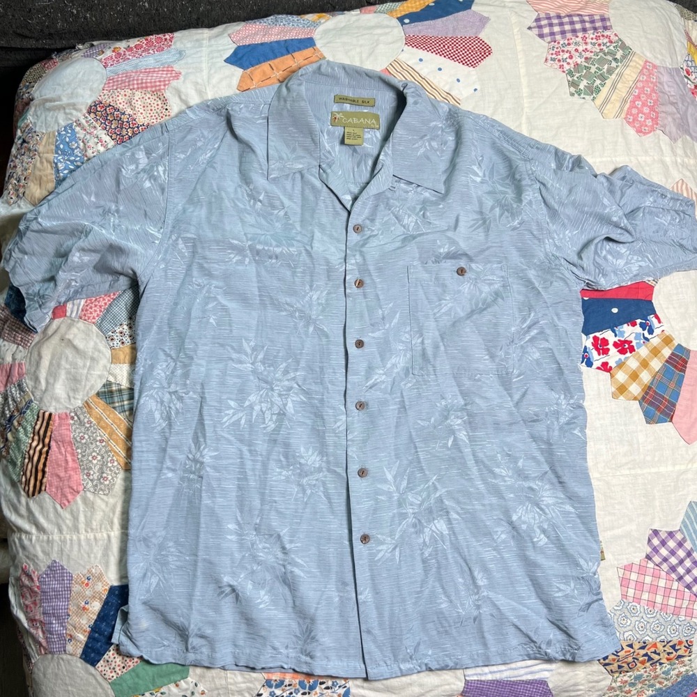 Cabana by CDF Mens Large Washable Silk Button Up Shirt Blue Floral Leaf Jacquard
